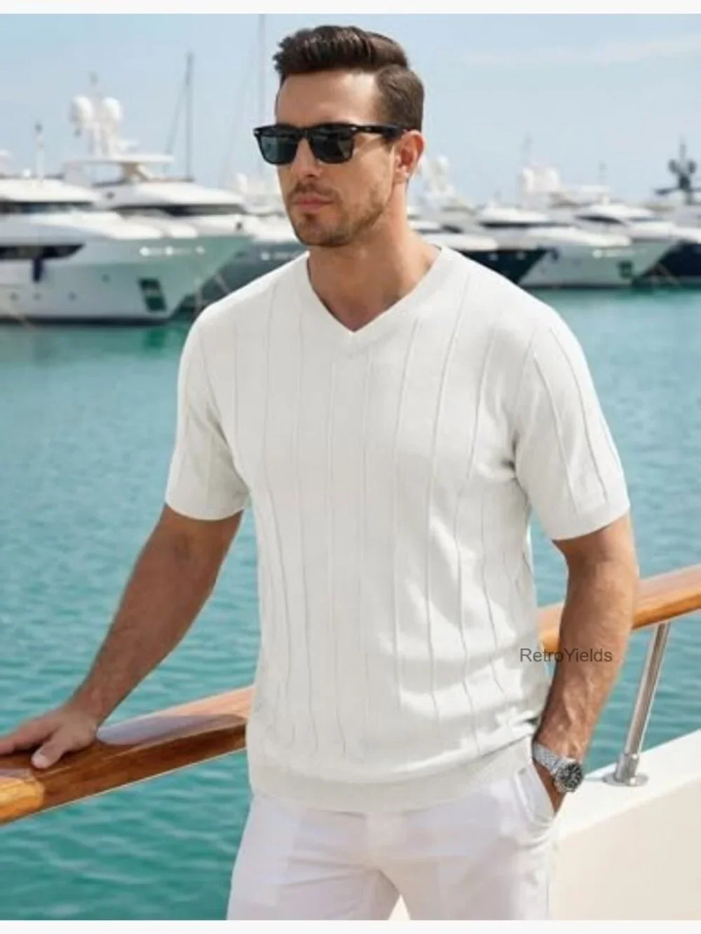 Mens V Neck Knit Shirt Short Sleeve Ribbed Pullover Casual T Shirt - Picture 2 of 7
